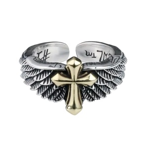Inel retro, model divin cu cruce si aripi, tematica religioasa believer, marime universala, reglabil, unisex, argintiu,