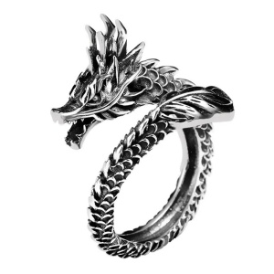 Inel retro, model dragon antic, tematica flying mythical creature, reglabil, marime universala, unisex, argintiu,