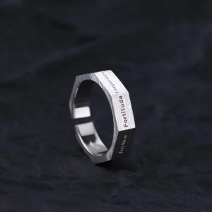 Inel unisex, model minimalist industrial, tematica self-discipline, reglabil, argintiu, - Img 3