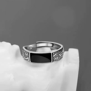 Inel unisex, model retro deosebit, tematica fashion style, reglabil, argintiu cu negru - Img 4