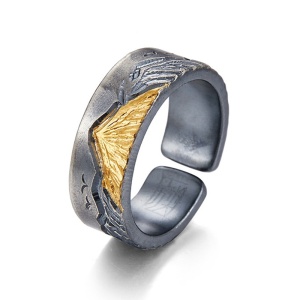 Inel unisex, model retro deosebit, tematica golden mountain, reglabil, negru cu auriu,