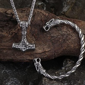 Lant cu bratara, set 2 piese, unisex, model viking, tematica nordic mythology, argintiu, - Img 2
