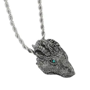Lant cu pandantiv cap de dragon, model creatura mitologica, tematica elder dragon, unisex, argintiu,