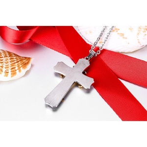 Lant cu pandantiv cruce argintie, negru cu auriu, unisex - Img 2