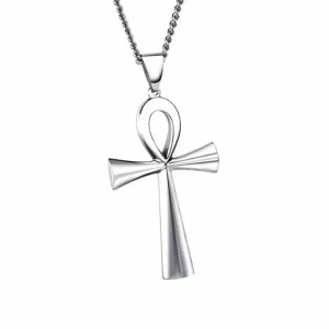 Lant cu pandantiv cruce, model egiptean, ANKH, argintiu, unisex