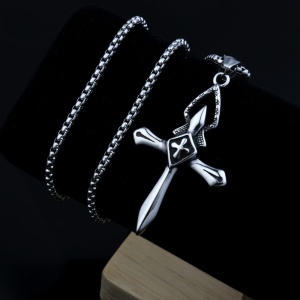 Lant cu pandantiv cruce, model holy cross, M5 stil american, unisex, argintiu mat, - Img 3