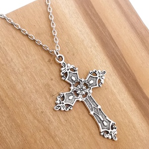 Lant cu pandantiv cruce, model holy land, tematica religioasa, unisex, argintiu, - Img 2