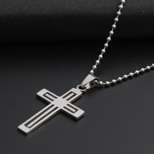 Lant cu pandantiv cruce, model minimalist, tematica religioasa, unisex, argintiu, - Img 3
