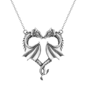 Lant cu pandantiv dragoni indragostiti, model inima romantica, tematica dragon fantasy, unisex, argintiu