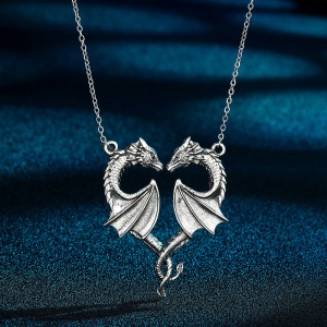 Lant cu pandantiv dragoni indragostiti, model inima romantica, tematica dragon fantasy, unisex, argintiu - Img 4