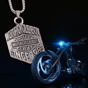 Lant cu pandantiv hexagonal de motociclist, model freedom ride, tematica motorcycle boy, unisex, argintiu, - Img 2