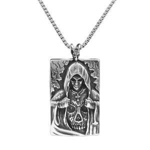 Lant cu pandantiv ingerul mortii, model gotic, tematica have no fear death is here, unisex, argintiu,