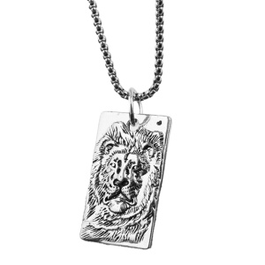 Lant cu pandantiv leu, dreptunghiular, model lion king, tematica regele junglei, unisex, argintiu,