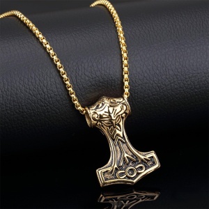 Lant cu pandantiv Mjolnir toporul lui Thor, model viking style, unisex, auriu, - Img 2