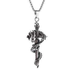 Lant cu pandantiv sabie si dragon, model retro mitologic, tematica dragon sword, unisex, argintiu,