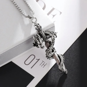 Lant cu pandantiv sabie si dragon, model retro mitologic, tematica dragon sword, unisex, argintiu, - Img 3