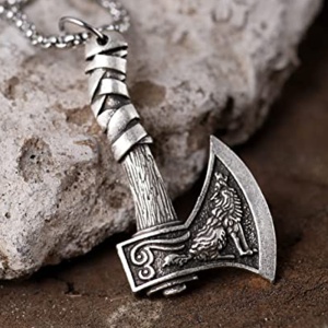 Lant cu pandantiv topor, model viking, unisex, argintiu metalizat, - Img 4