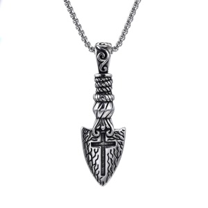 Lant cu pandantiv varf de sageata si cruce, tematica templar warrior, unisex, argintiu,