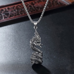 Lant cu tematica mitologie chinezeasca, pandantiv dragon in flacari, unisex, argintiu metalizat, - Img 3