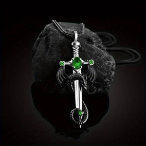 Lant gotic cu pandantiv sabie si dragon, model mitologic fantasy, tematica dragon slayer, unisex, verde, - Img 2