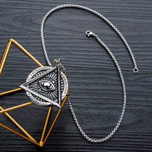 Lant Ilumitatii free mason, pandantiv triunghi cu all seeing eye, model never lose your faith, unisex, argintiu, - Img 2