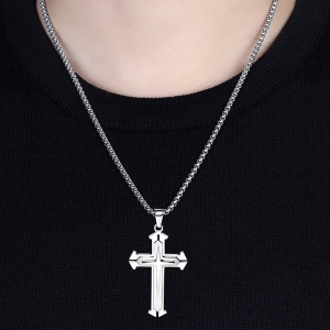 Lant minimalist, cu pandantiv cruce stil modenrnist, model new age, unisex, argintiu, - Img 2