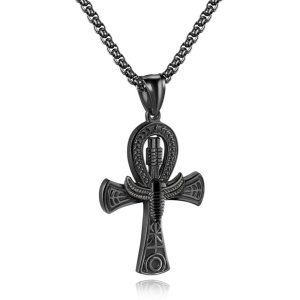 Lant model Anhk, cu pandantiv cruce egipteana, unisex, negru, - Img 3