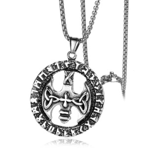 Lant model celtic, pandantiv rotund cu rune, unisex, argintiu,