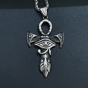 Lant model egiptean, cu pandantiv cruce cu ochiul lui Horus, unisex, argintiu, - Img 4