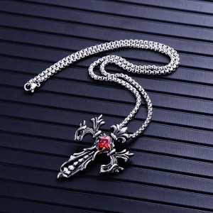 Lant model gotic, pandantiv cruce cu cristal, unisex, rosu, - Img 4