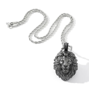 Lant, model lion brave, pandantiv cap de leu, unisex, argintiu, - Img 3