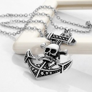 Lant model sailor life, cu pandantiv ancora cu pirate skull, unisex, argintiu, - Img 4