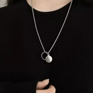 Lant, model steel circle, pandantiv rotund si inel, argintiu, unisex - Img 4
