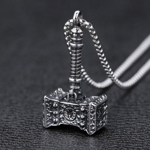 Lant, model vintage mjolnir, pandantiv ciocanul lui Thor, unisex, argintiu, - Img 2