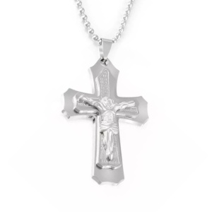 Lant tematica religioasa, cu pandantiv cruce, unisex, argintiu,