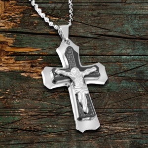 Lant tematica religioasa, cu pandantiv cruce, unisex, negru, - Img 2