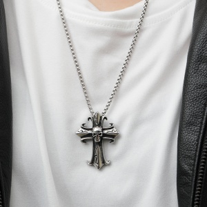 Lant unisex, cu pandantiv cruce, model cu cap de schelet, tematica holy ghost, argintiu, - Img 3
