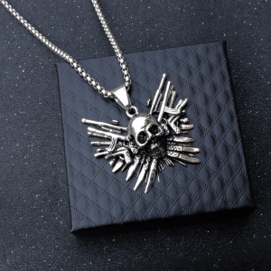 Lant unisex, pandantiv deosebit, model cap de schelet si arme multiple, tematica war god, argintiu, - Img 2