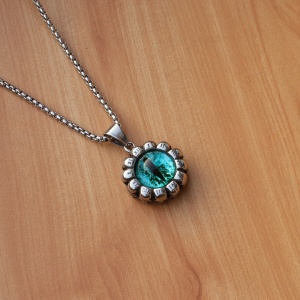Lant unisex, pandantiv deosebit, model cu ochi de sticla si cifre romane, tematica evil eye, argintiu cu albastru, - Img 4