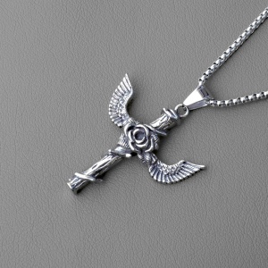 Lant unisex, pandantiv deosebit, model cu trandafir si aripi in forma de cruce, tematica winged flower, argintiu, - Img 3