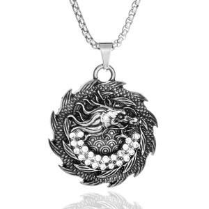 Lant unisex, pandantiv dragon cu cristale de sticla, model mitologic chinezesc, tematica sun dragon, argintiu,
