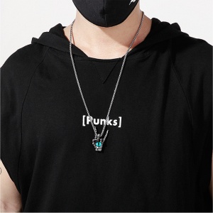Lant unisex, pandantiv mana cu ochi de demon din sticla, model gothic punk, tematica rock on, argintiu cu albastru, - Img 2