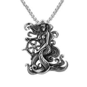 Lant unisex, pandantiv retro, model cu sirena si timona, detalii elegante, tematica sailor world, argintiu,