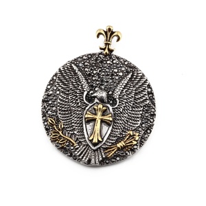 Lant unisex, pandantiv rotund deosebit, model cu vultur si cruce, cristale de sticla cu efect special, tematica royal crest pendant, auriu, - Img 3