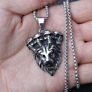 Lant unisex, pandantiv tip leu, model regele junglei, tematica deadly lion king, argintiu, - Img 3