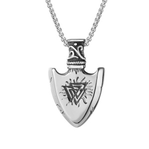 Lant unisex, pandantiv varf de sageata, model viking, tematica Odin Valknut, argintiu,