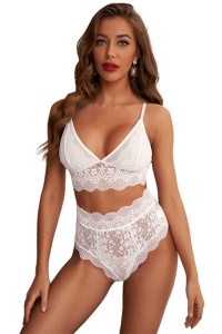Lenjerie sexy 2 piese, sutien si chilot brazilian, dantela, alb