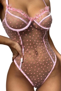 Lenjerie sexy dama, body transparent, model cu inimioare delicate, roz