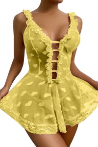 Lenjerie sexy dama, rochie cu bretele si decolteu in V, model cute romantic hearts, imprimeu inimioare, galbena