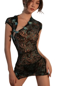 Lenjerie sexy dama, rochie cu design apanaj paun, model cu decolteu wave line cu accesorii fundite, neagra